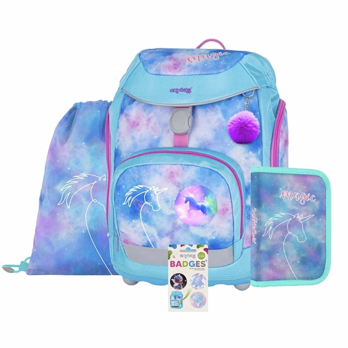 Iskolatáska szett OXY SHERPY 4 részes Unicorn tolltartóval, tornazsákkal és cserélhető matricával