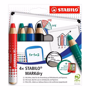Jelölőceruza készlet STABILO MARKdry fehér táblákhoz és flipchartpapírhoz vastag kerek heggyel  4 darabos B