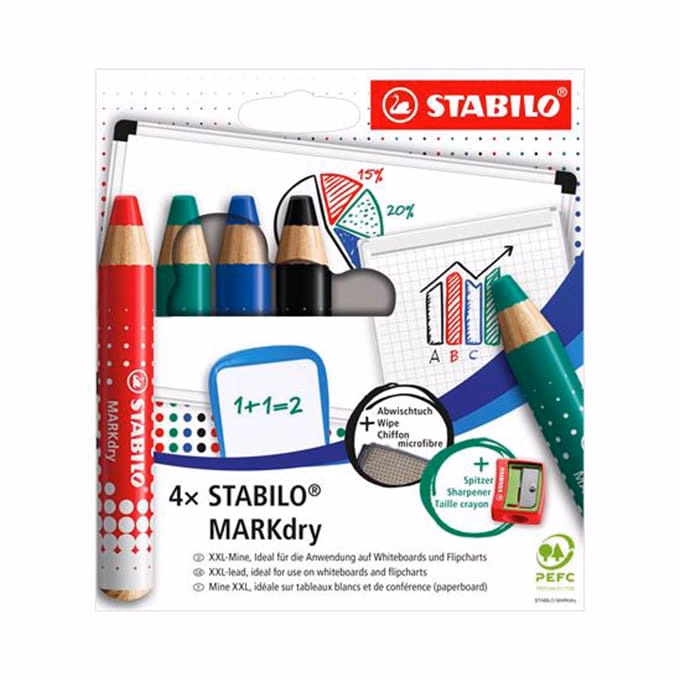 Jelölőceruza készlet STABILO MARKdry fehér táblákhoz és flipchartpapírhoz vastag kerek heggyel  4 darabos B