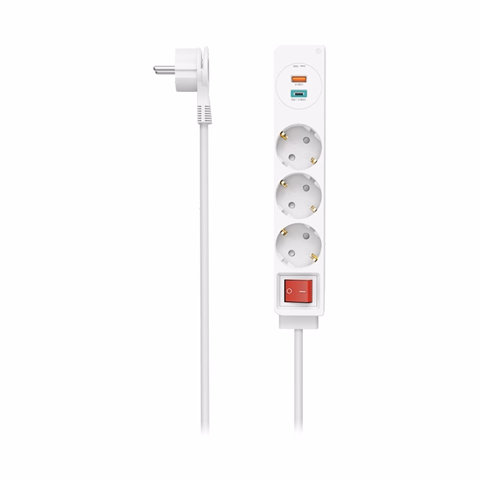 Kábel hosszabbító HAMA 3 aljzat + USB-C/USB-A 1,4m kapcsolóval fehér