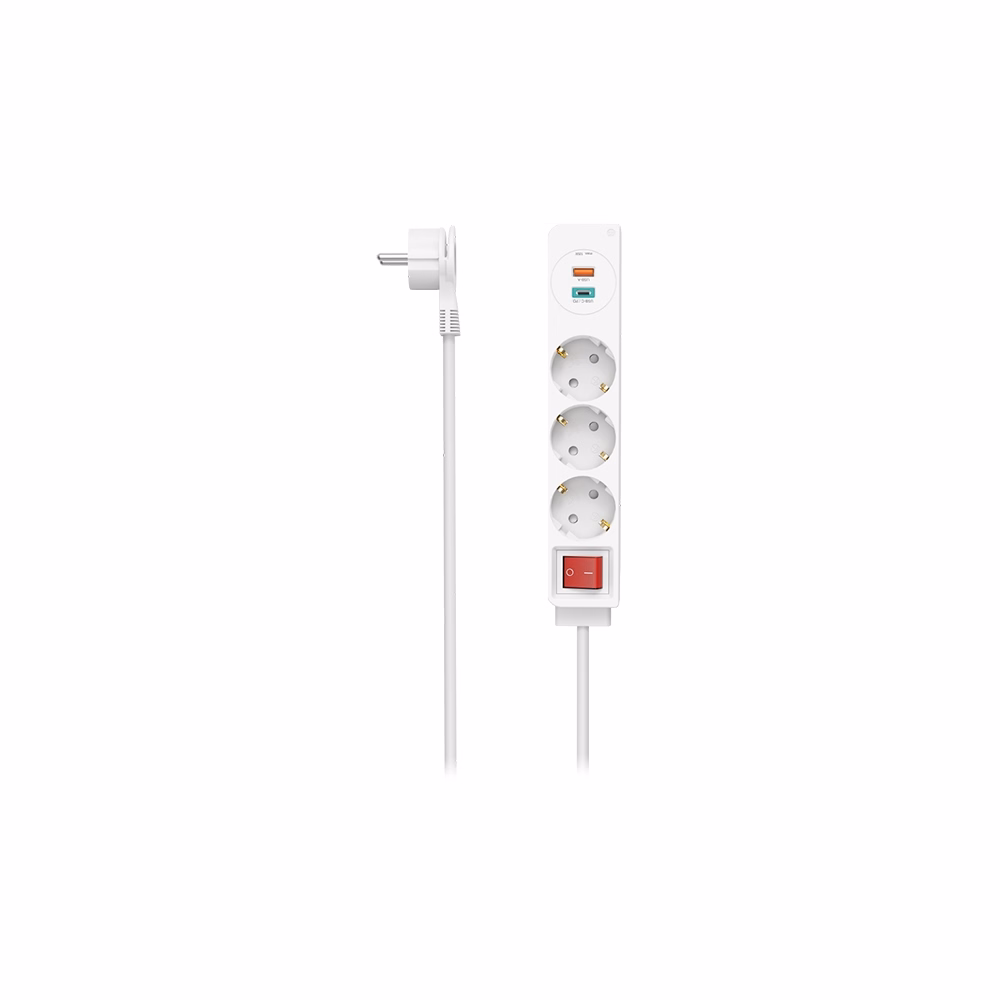 Kábel hosszabbító HAMA 3 aljzat + USB-C/USB-A 1,4m kapcsolóval fehér