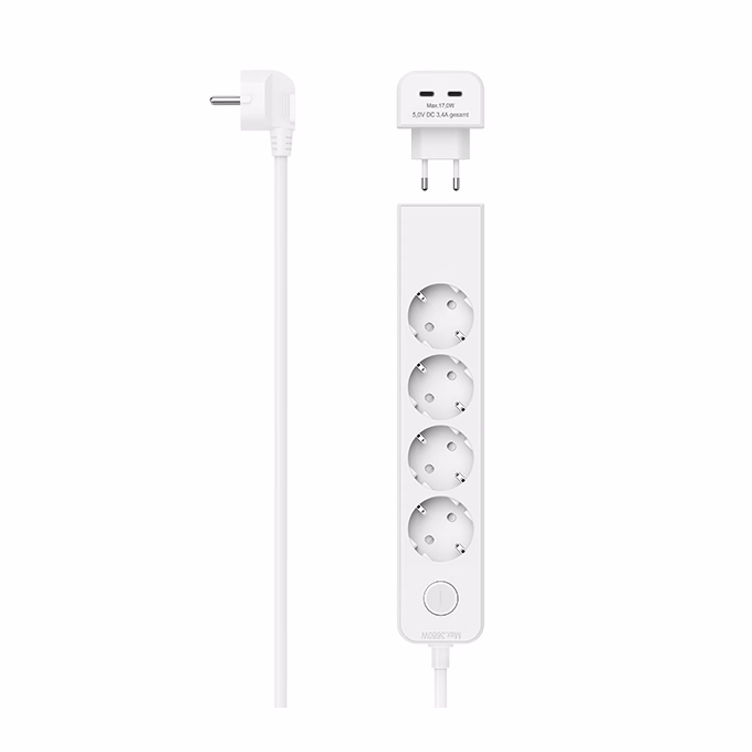 Kábel hosszabbító HAMA 5 aljzat + 2xUSB-C 1,4m kapcsolóval fehér