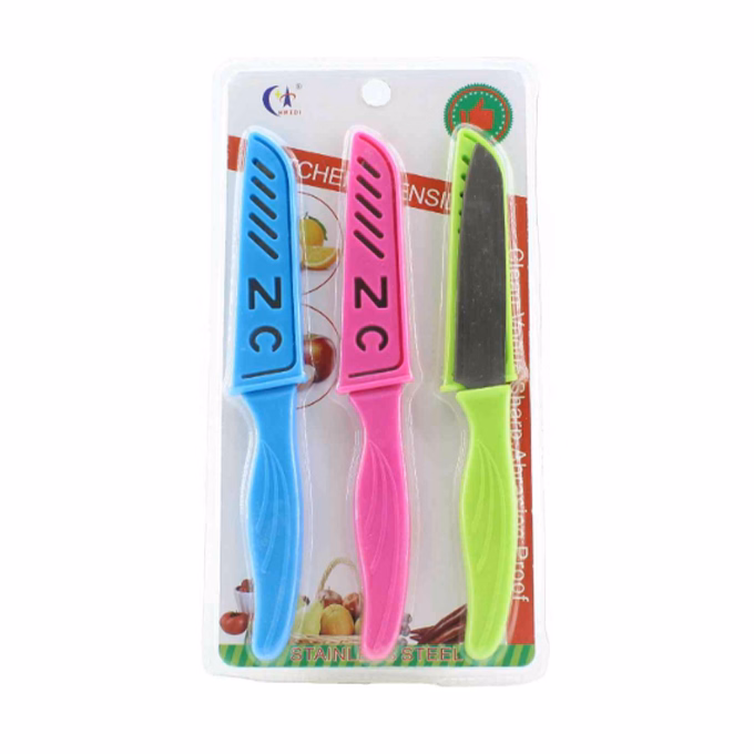 Kés konyhai színes műanyag tokkal 3 darabos