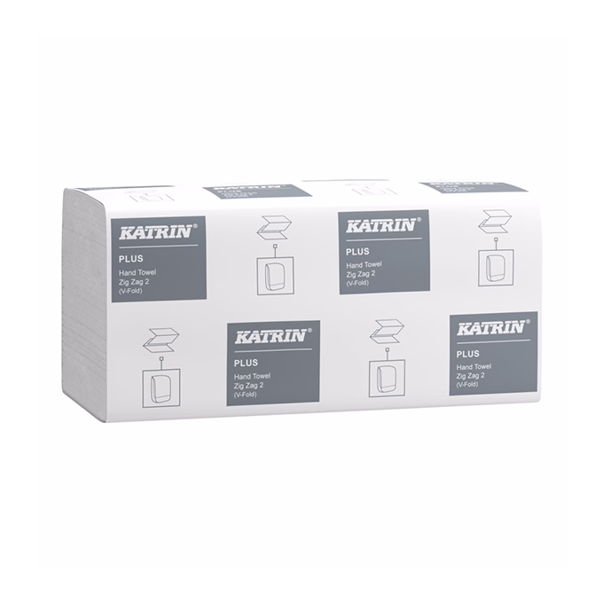Kéztörlő hajtogatott KATRIN Plus Zig Zag ("V") 23x20 cm 190 lap 100% cell hófehér 2 rétegű 16 csom/zsák