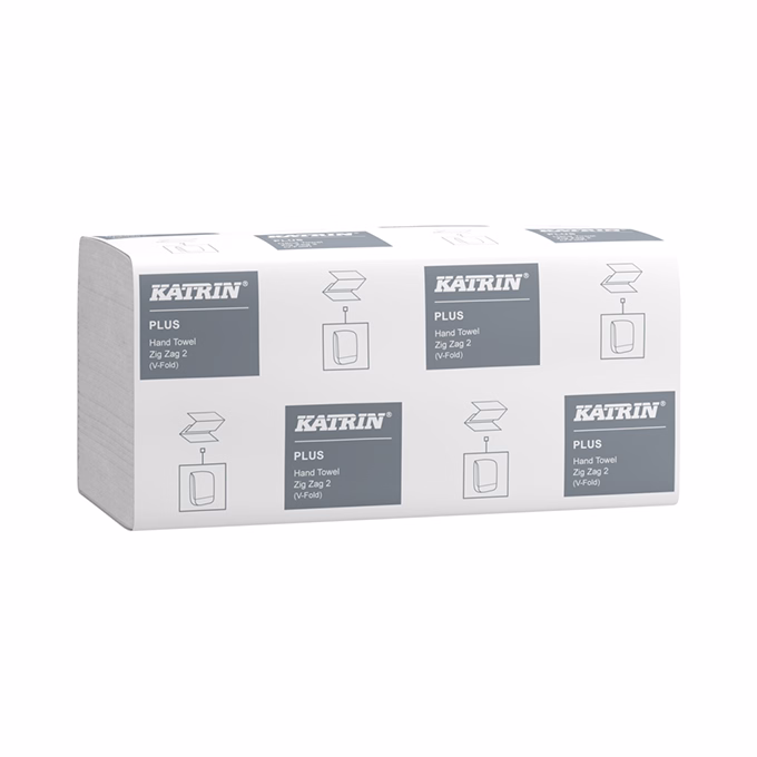 Kéztörlő hajtogatott KATRIN Plus Zig Zag ("V") 23x22 cm 150 lap 2 rétegű 100% cell hófehér 2 rétegű 20 darab/karton