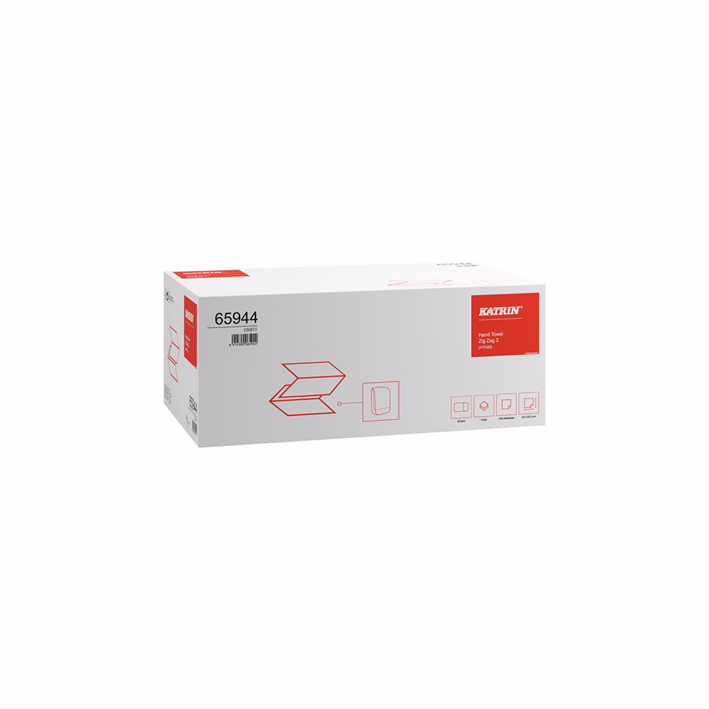 Kéztörlő hajtogatott KATRIN Plus Zig Zag ("V") 23,2x23 cm 150 lapos fehér 2 rétegű 20 darab/karton