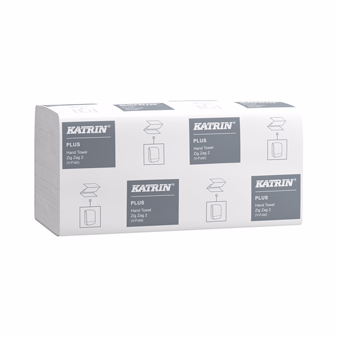 Kéztörlő hajtogatott KATRIN Plus Zig Zag ("V") 23x22 cm 200 lap 100% cell hófehér 2 rétegű 20 csom/zsák