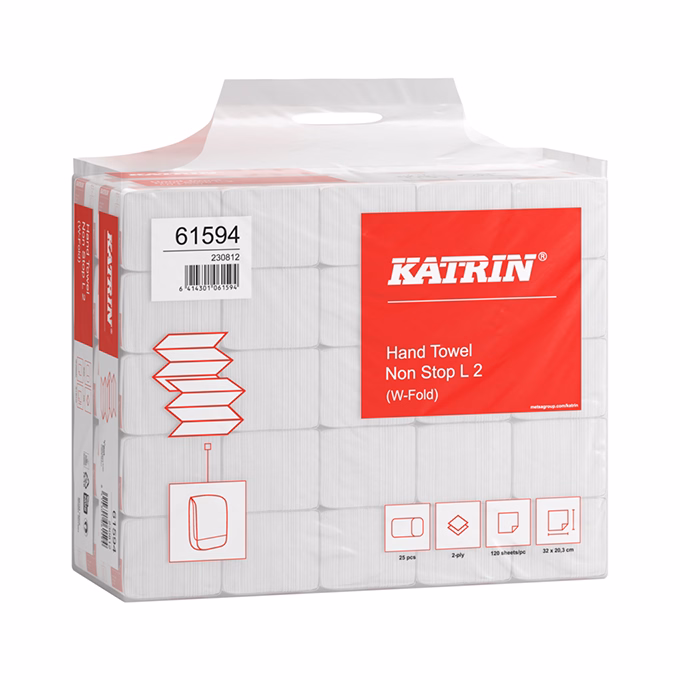Kéztörlő hajtogatott KATRIN W Non Stop L2 32x20 cm 120 lap 2 rétegű fehér 25 csom/zsák