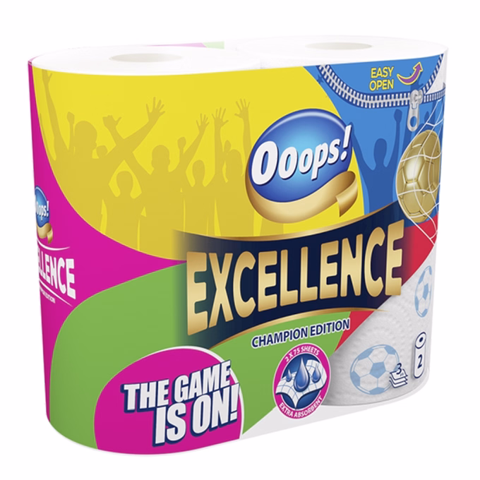 Kéztörlő tekercses háztartási OOOPS! Excellence 2 tekercses 3 rétegű Champion Edition
