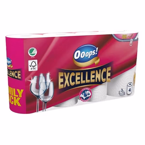 Kéztörlő tekercses háztartási OOOPS! Excellence 4 tekercses 3 rétegű Kéztörlő tekercses háztartási OOOPS! Excellence 4 tekercses 3 rétegű
