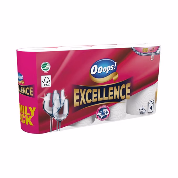 Kéztörlő tekercses háztartási OOOPS! Excellence 4 tekercses 3 rétegű Kéztörlő tekercses háztartási OOOPS! Excellence 4 tekercses 3 rétegű