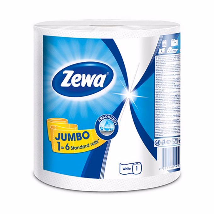Kéztörlő tekercses háztartási ZEWA Jumbo White 325 lap 1 tekercses 2 rétegű