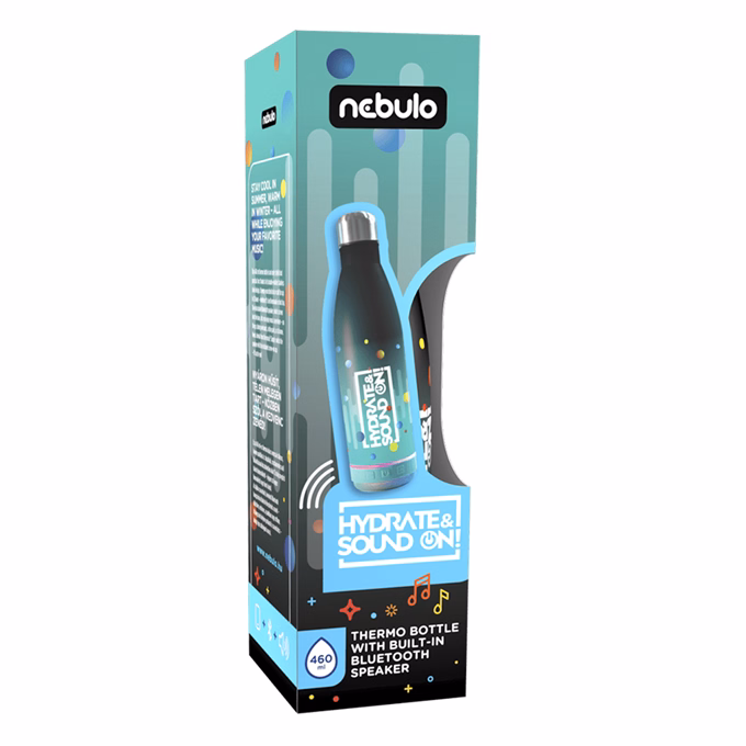 Kulacs duplafalú NEBULO fém Hydrate & SoundON Bluetooth hangszóróval 460 ml fekete-türkiz