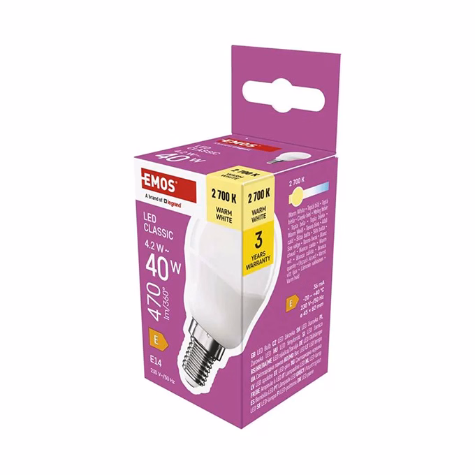 LED izzó EMOS E14 kisgömb 4,2W meleg fény 2700K