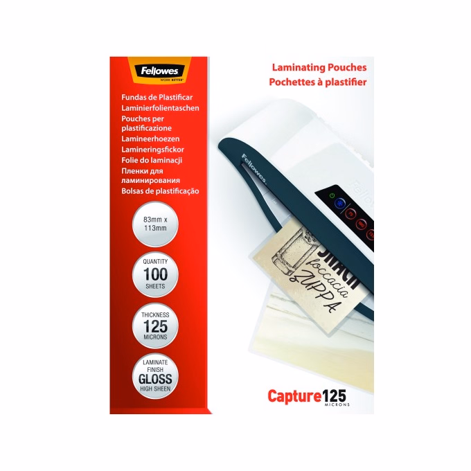 Lamináló fólia FELLOWES 83x113 mm 125 mikron fényes 100/csom
