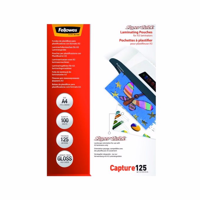Lamináló fólia FELLOWES A/4 125 mikron SuperQuick fényes 100/csom