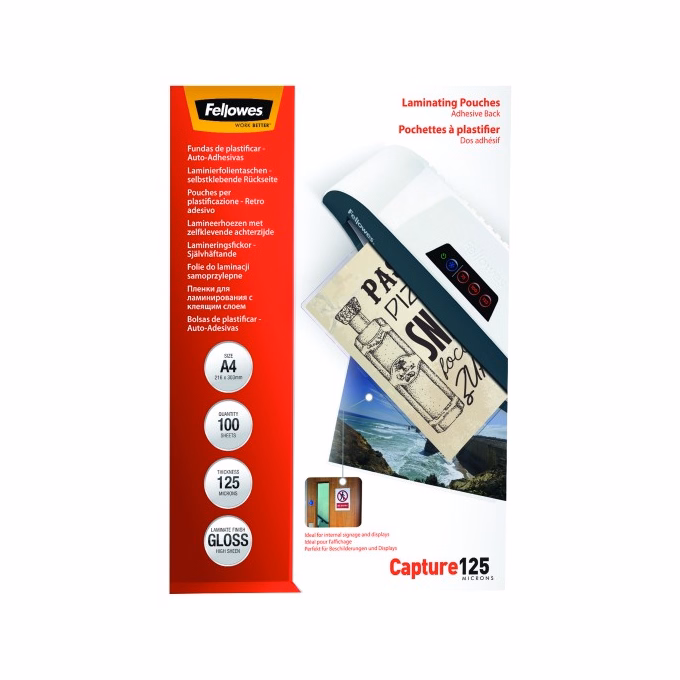 Lamináló fólia FELLOWES A/4 125 mikron fényes öntapadó 100/csom
