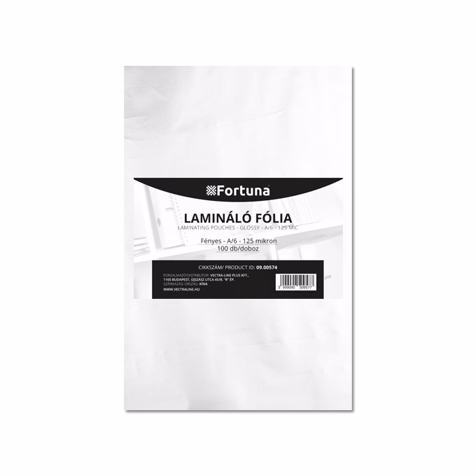 Lamináló fólia FORTUNA A/6 111x154mm 125 mikron fényes 100/dob Lamináló fólia FORTUNA A/6 111x154mm 125 mikron fényes 100/dob