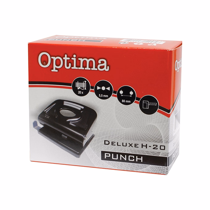 Lyukasztó OPTIMA H-20 2 lyukú fém 20 lap fekete Lyukasztó OPTIMA H-20 2 lyukú fém 20 lap fekete