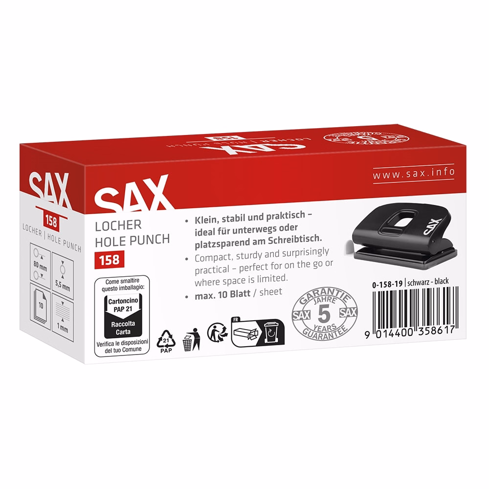 Lyukasztó SAX 158 XS Easypro 2 lyukú 10 lap fekete