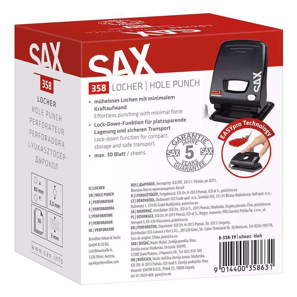 Lyukasztó SAX 358 M Easypro 2 lyukú 30 lap fekete