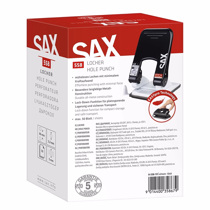 Lyukasztó SAX 558 L Easypro 2 lyukú 50 lap fekete