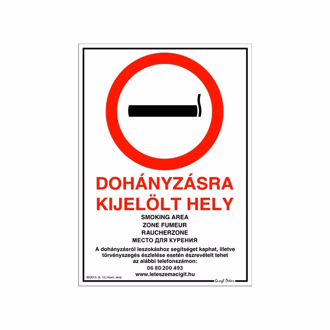 Matrica Dohányzásra kijelölt hely fehér piros A/4 ÚJ