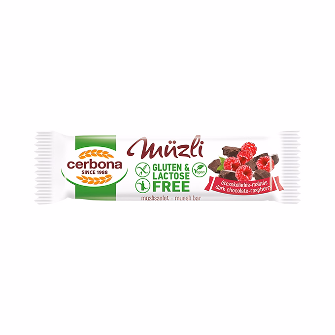 Müzliszelet CERBONA étcsokoládés és málnás gluténmentes 35 g