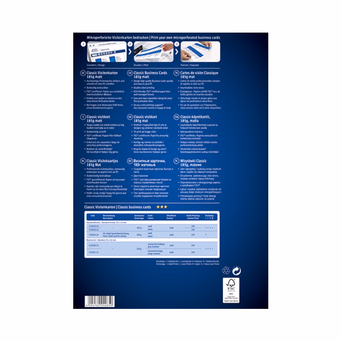 Névjegykártya AVERY C32010-10 mikroperforált él kétoldalas matt fehér él 185 g 100 címke/csomag