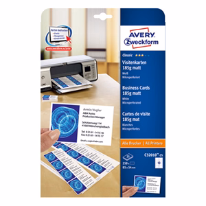 Névjegykártya AVERY C32010-25 mikroperforált él kétoldalas matt fehér él 185 g 250 címke/csomag