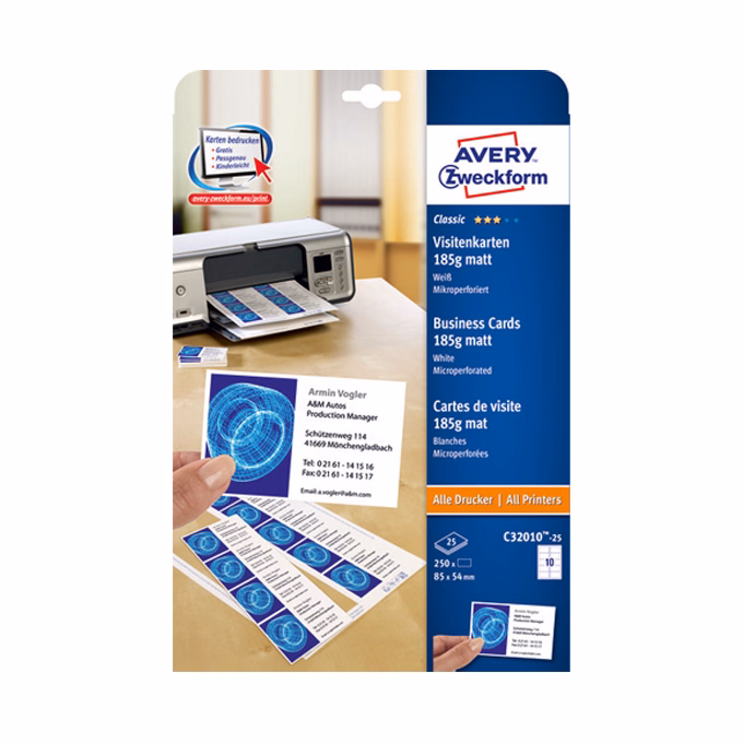 Névjegykártya AVERY C32010-25 mikroperforált él kétoldalas matt fehér él 185 g 250 címke/csomag