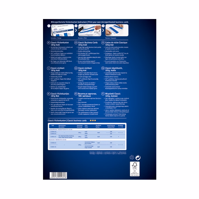 Névjegykártya AVERY C32010-25 mikroperforált él kétoldalas matt fehér él 185 g 250 címke/csomag