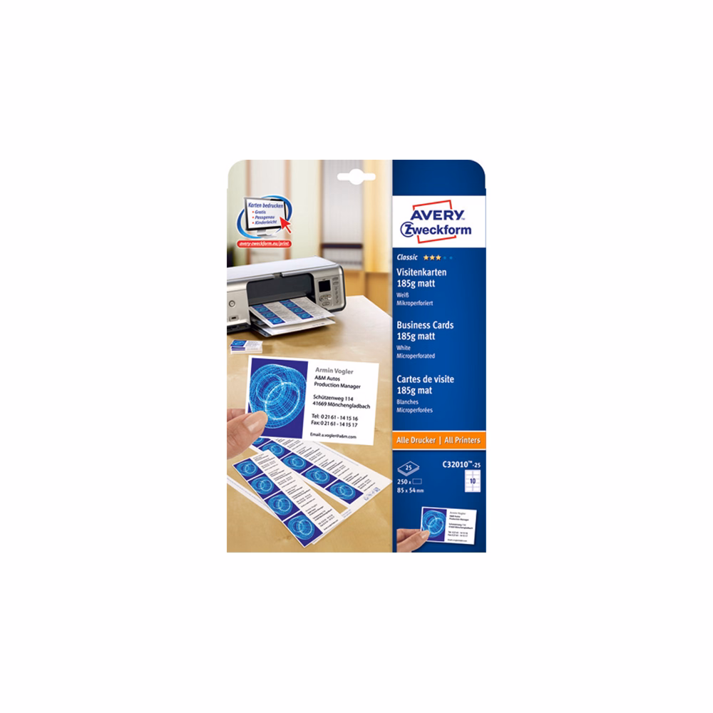 Névjegykártya AVERY C32010-25 mikroperforált él kétoldalas matt fehér él 185 g 250 címke/csomag