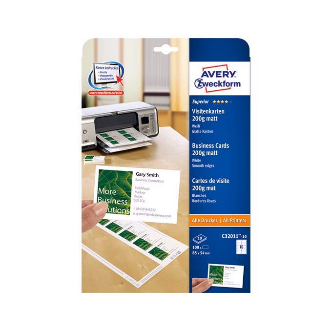 Névjegykártya AVERY C32011-10 sima él matt fehér egyoldalas 200 g 10 lapos