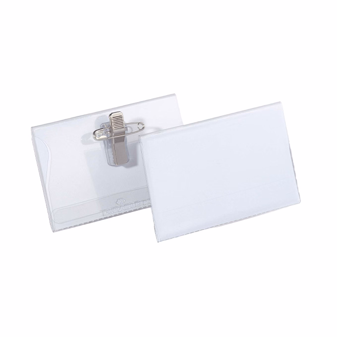 Névjegykitűző DURABLE 54x90 mm csiptetővel és tűvel átlátszó 50 darabos