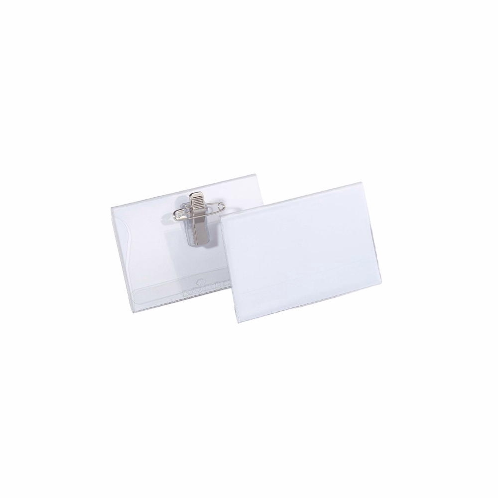 Névjegykitűző DURABLE 54x90 mm csiptetővel és tűvel átlátszó 50 darabos