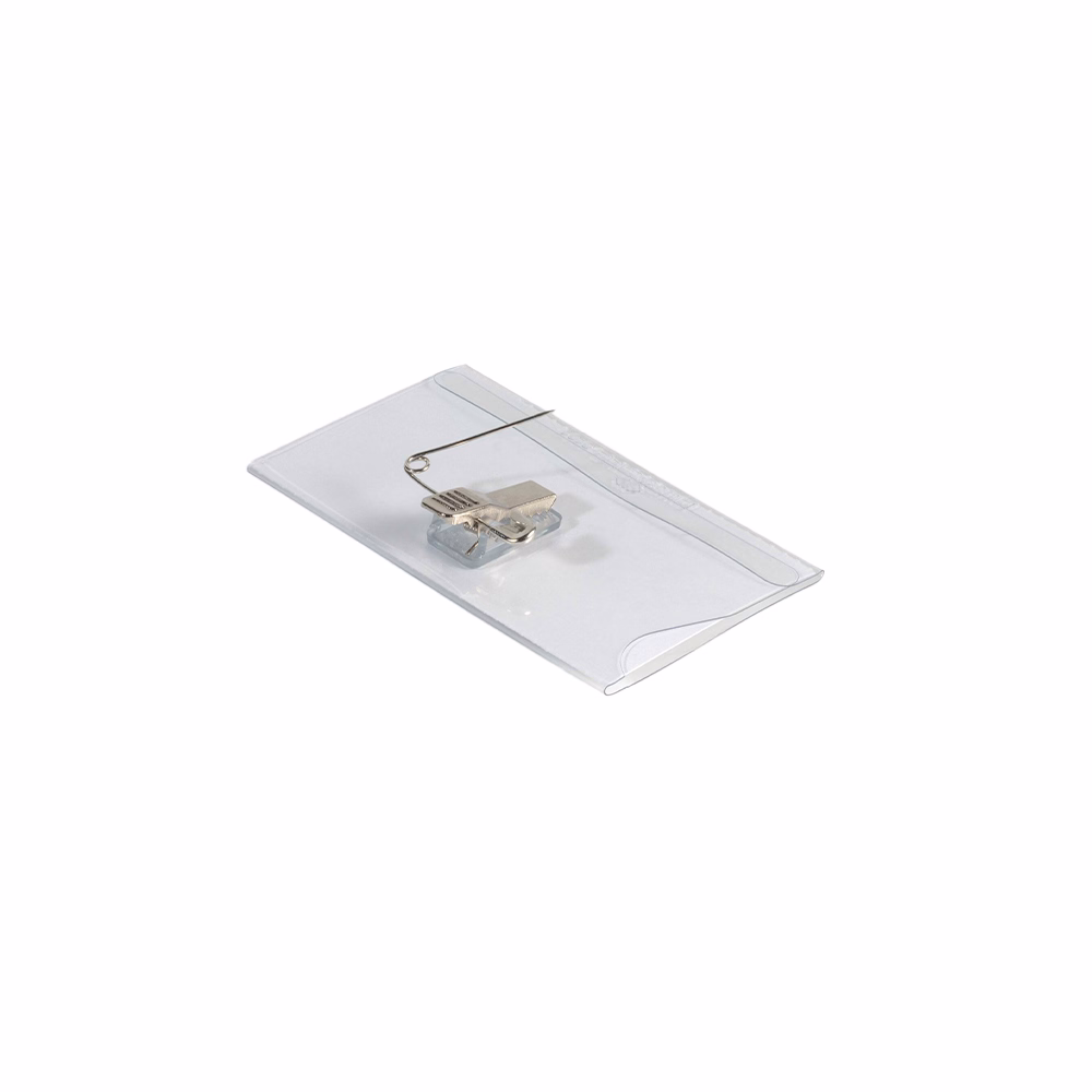 Névjegykitűző DURABLE 54x90 mm csiptetővel és tűvel átlátszó 50 darabos