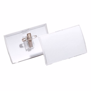 Névjegykitűző DURABLE Click Fold 54x95 mm csiptetővel és tűvel átlátszó