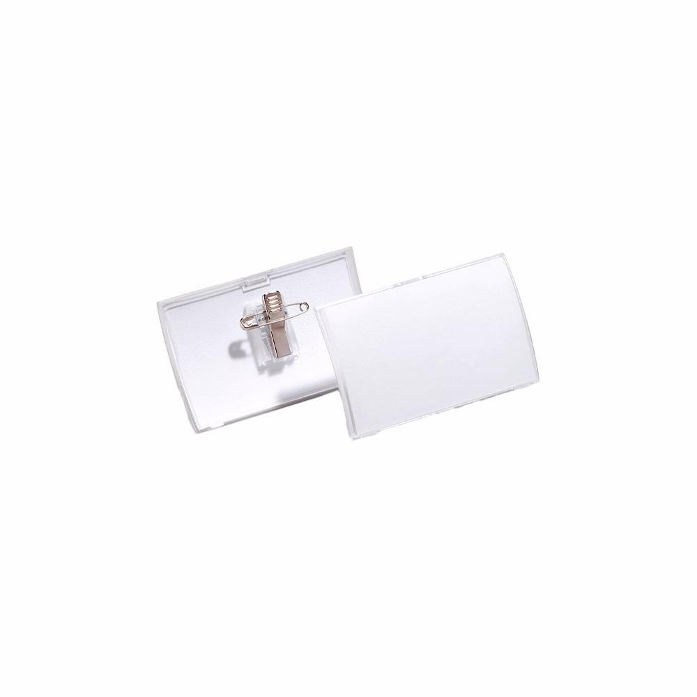 Névjegykitűző DURABLE Click Fold 54x95 mm csiptetővel és tűvel átlátszó