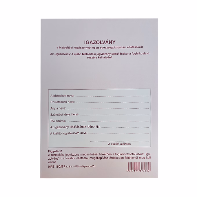 Nyomtatvány TB igazolvány PÁTRIA Nyomtatvány TB igazolvány PÁTRIA