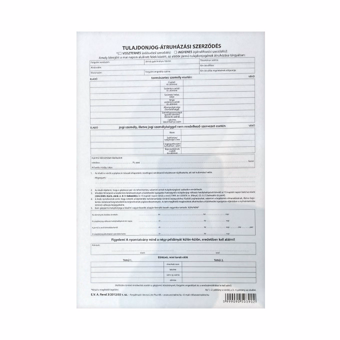 Nyomtatvány adásvételi szerződés személygépkocsihoz VECTRALINE A/4 4 példányos Nyomtatvány adásvételi szerződés személygépkocsihoz VECTRALINE A/4 4 példányos