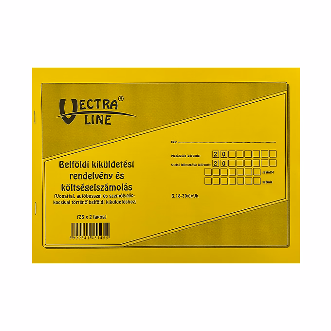 Nyomtatvány belföldi kiküldetési rendelvény és költségelszámolás VECTRALINE A/4 fekvő  25x2 lapos