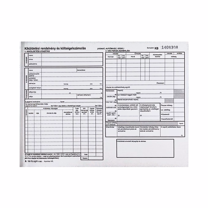 Nyomtatvány belföldi kiküldetési rendelvény és költségelszámolás VECTRALINE A/4 fekvő  25x2 lapos