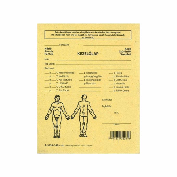 Nyomtatvány fizikoterápia kezelőlap PÁTRIA 118x150mm