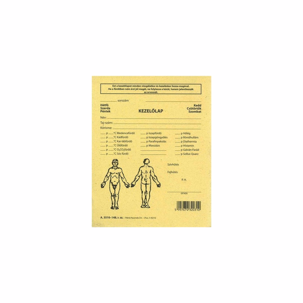 Nyomtatvány fizikoterápia kezelőlap PÁTRIA 118x150mm