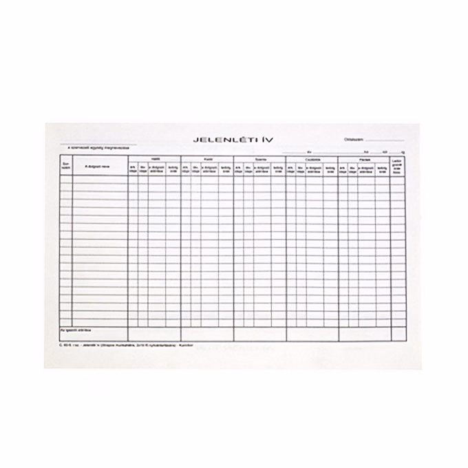 Nyomtatvány jelenléti ív 5 napos A/4