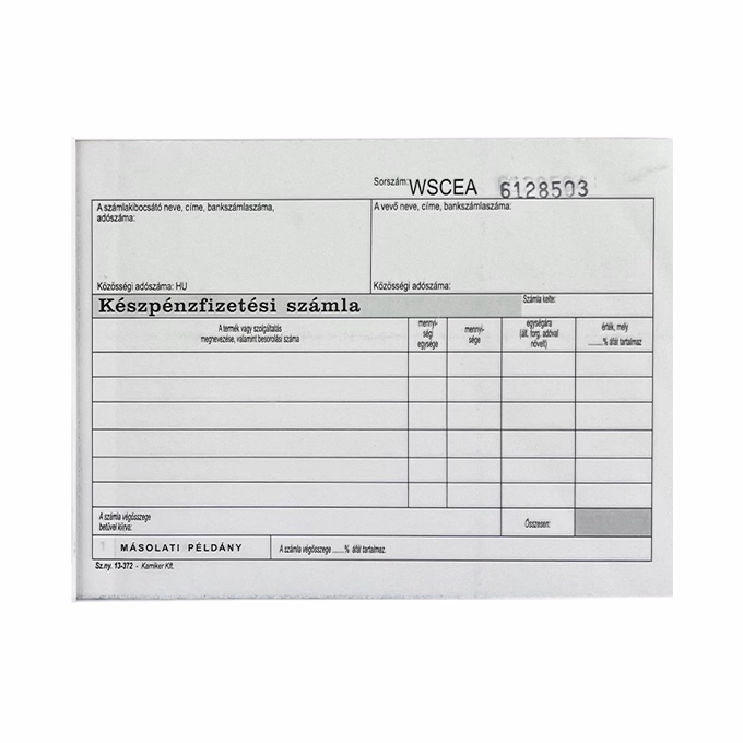 Nyomtatvány készpénzfizetési számla VECTRALINE A/5 fekvő 50x3 lapos 1 áfás