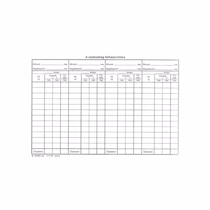 Nyomtatvány szabadság nyilvántartólap A/5