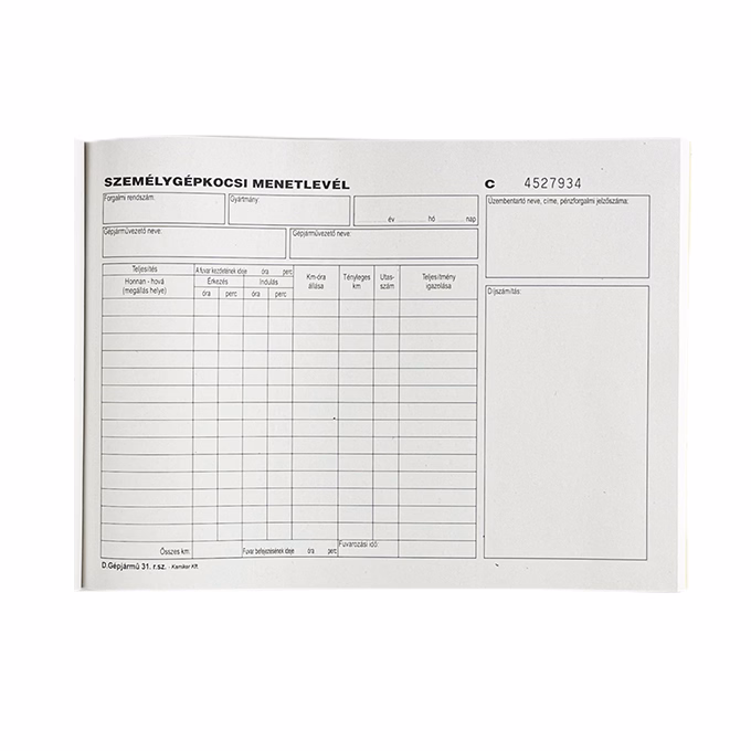 Nyomtatvány személygépkocsi menetlevél VECTRALINE A/4 fekvő 100 lapos