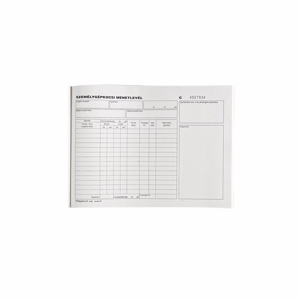 Nyomtatvány személygépkocsi menetlevél VECTRALINE A/4 fekvő 100 lapos